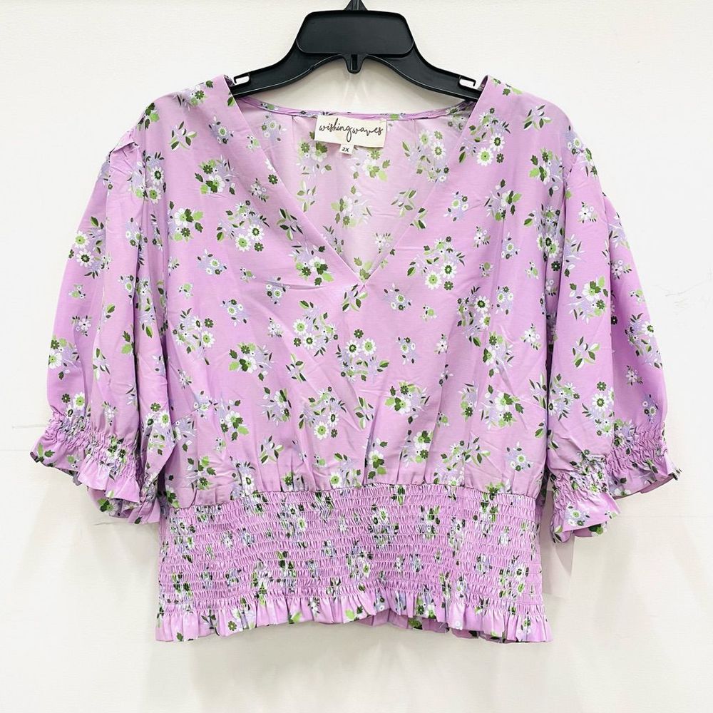 NWT Wishing Waves Sz 2XL Lilac Purple floral print Elastic waist beautiful top - Picture 5 of 12